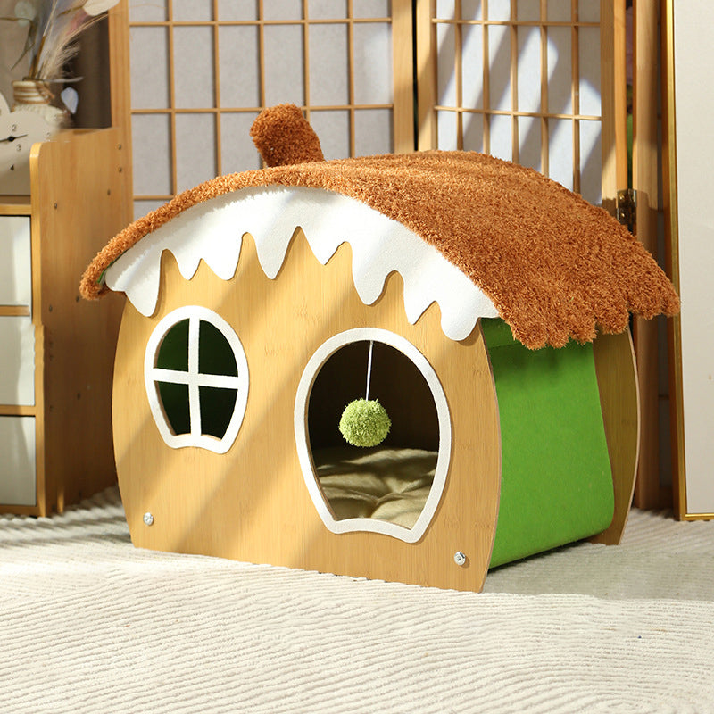 Lit pour chat et lit pour chien en forme de maison courbée contemporaine, en panneau de fibres de densité moyenne, tissu teddy fleece, avec balle jouet, pour chambre à coucher 