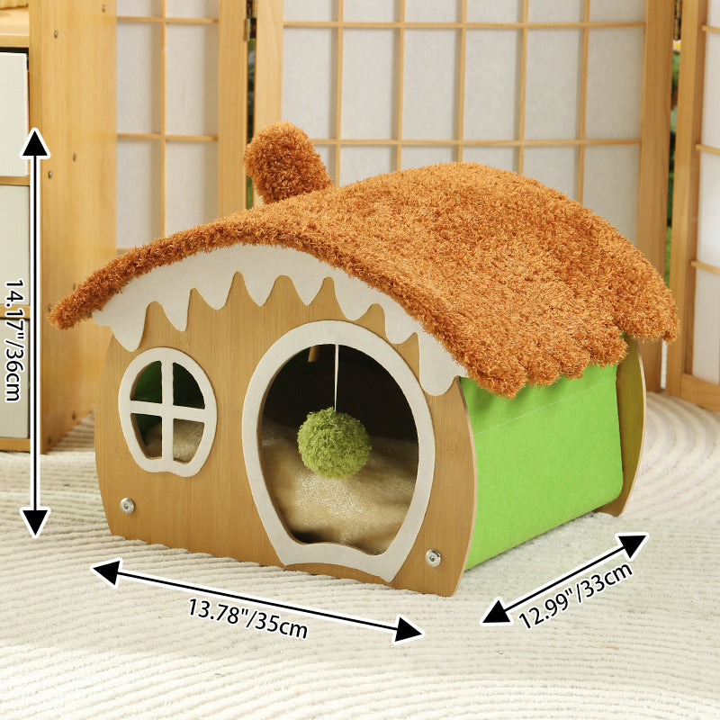 Lit pour chat et lit pour chien en forme de maison courbée contemporaine, en panneau de fibres de densité moyenne, tissu teddy fleece, avec balle jouet, pour chambre à coucher 