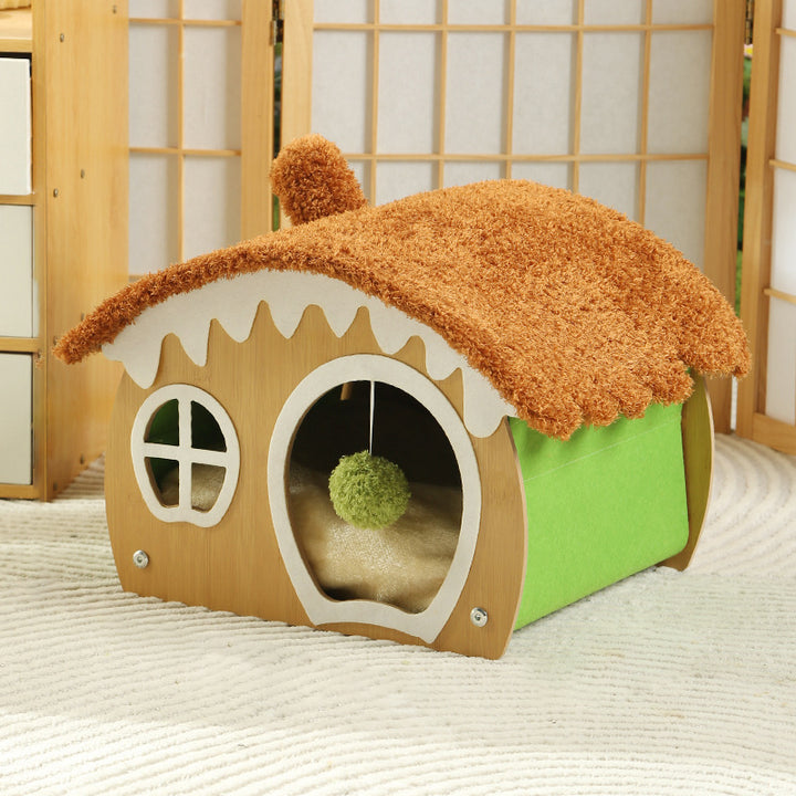 Lit pour chat et lit pour chien en forme de maison courbée contemporaine, en panneau de fibres de densité moyenne, tissu teddy fleece, avec balle jouet, pour chambre à coucher 