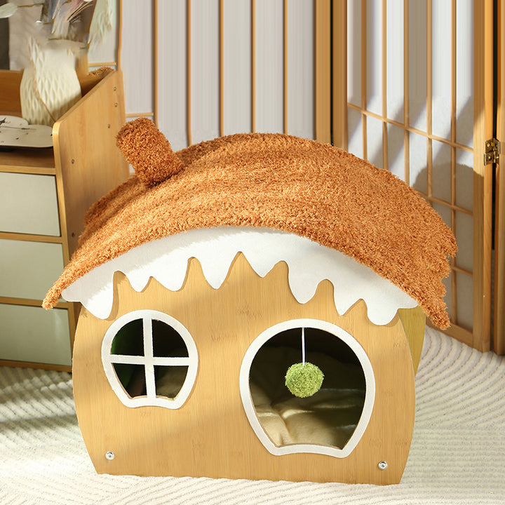 Lit pour chat et lit pour chien en forme de maison courbée contemporaine, en panneau de fibres de densité moyenne, tissu teddy fleece, avec balle jouet, pour chambre à coucher 