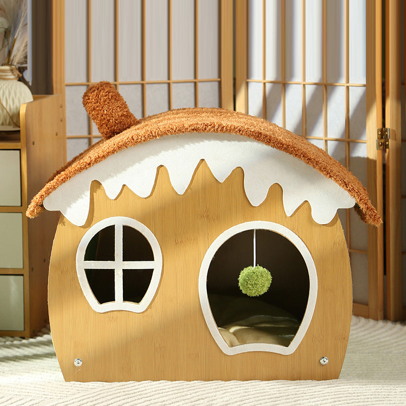 Lit pour chat et lit pour chien en forme de maison courbée contemporaine, en panneau de fibres de densité moyenne, tissu teddy fleece, avec balle jouet, pour chambre à coucher 