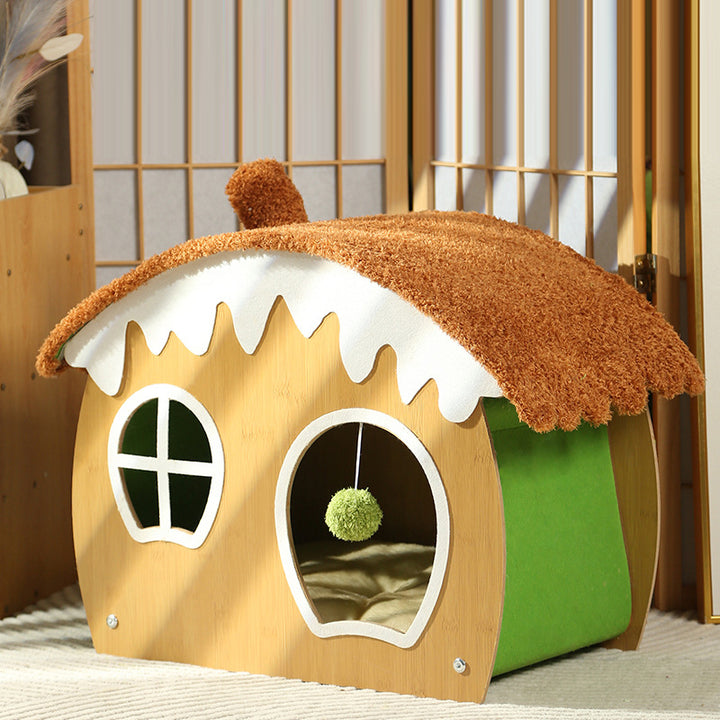 Lit pour chat et lit pour chien en forme de maison courbée contemporaine, en panneau de fibres de densité moyenne, tissu teddy fleece, avec balle jouet, pour chambre à coucher 