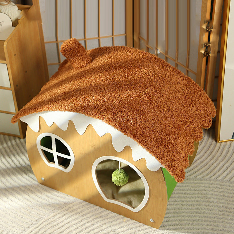 Lit pour chat et lit pour chien en forme de maison courbée contemporaine, en panneau de fibres de densité moyenne, tissu teddy fleece, avec balle jouet, pour chambre à coucher 