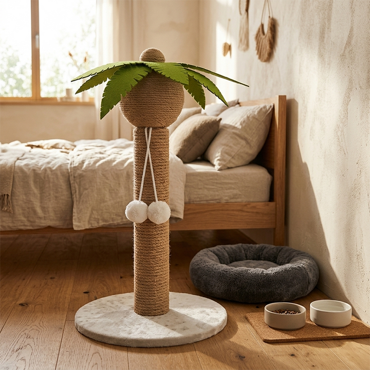 Arbre à chat griffoir contemporain en forme de cocotier, en sisal, feutre, tube en papier, panneau de fibres de densité moyenne, velours, avec balle jouet, pour salon 