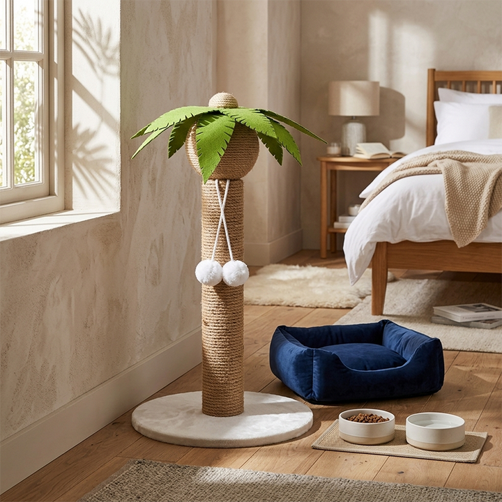 Arbre à chat griffoir contemporain en forme de cocotier, en sisal, feutre, tube en papier, panneau de fibres de densité moyenne, velours, avec balle jouet, pour salon 