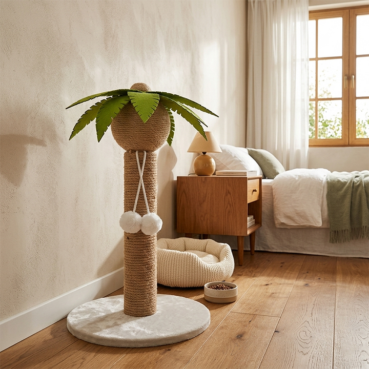 Arbre à chat griffoir contemporain en forme de cocotier, en sisal, feutre, tube en papier, panneau de fibres de densité moyenne, velours, avec balle jouet, pour salon 