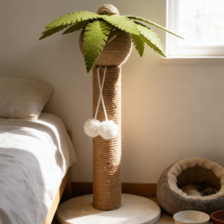 Arbre à chat griffoir contemporain en forme de cocotier, en sisal, feutre, tube en papier, panneau de fibres de densité moyenne, velours, avec balle jouet, pour salon 