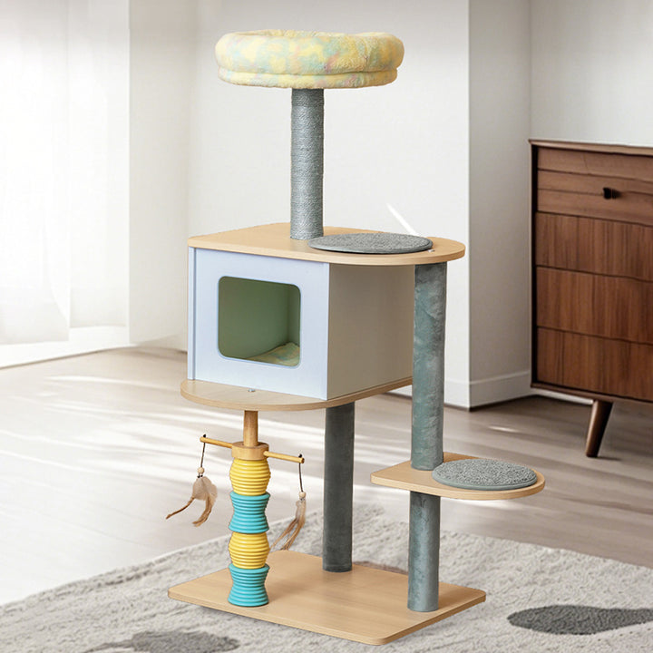 Árbol para gatos contemporáneo nórdico rectangular de tablero de partículas, tubo de papel cilíndrico, sisal, tela sherpa, terciopelo y 2 condominios para sala de estar 