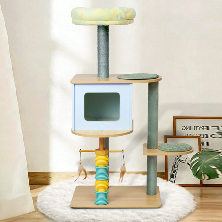 Contemporary Nordic Rectangular Cylindrical Particle Board Paper Tube Sisal Sherpa Fabric Velvet Cat Tree &amp; Condo 2-Condo For Living Room