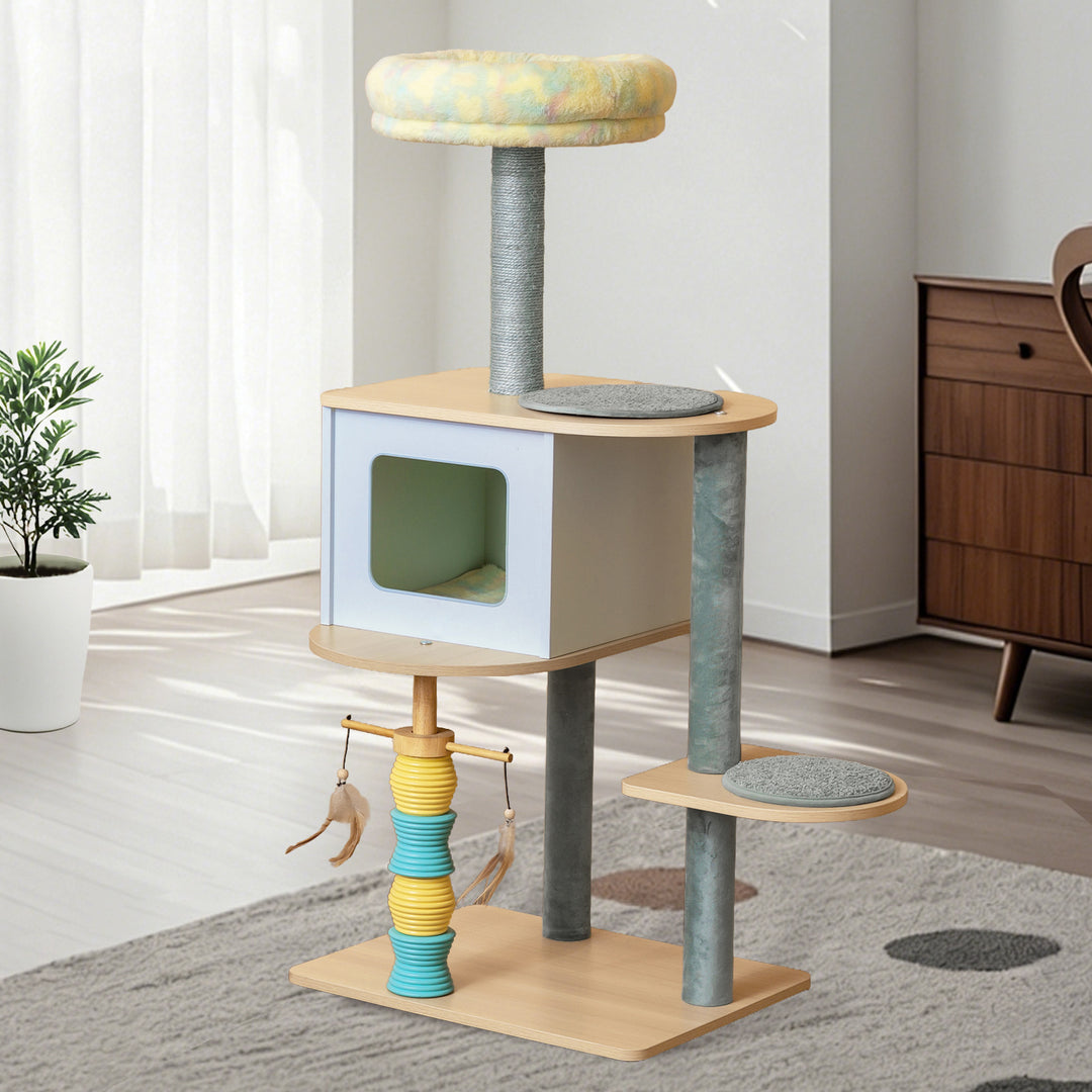 Contemporary Nordic Rectangular Cylindrical Particle Board Paper Tube Sisal Sherpa Fabric Velvet Cat Tree &amp; Condo 2-Condo For Living Room