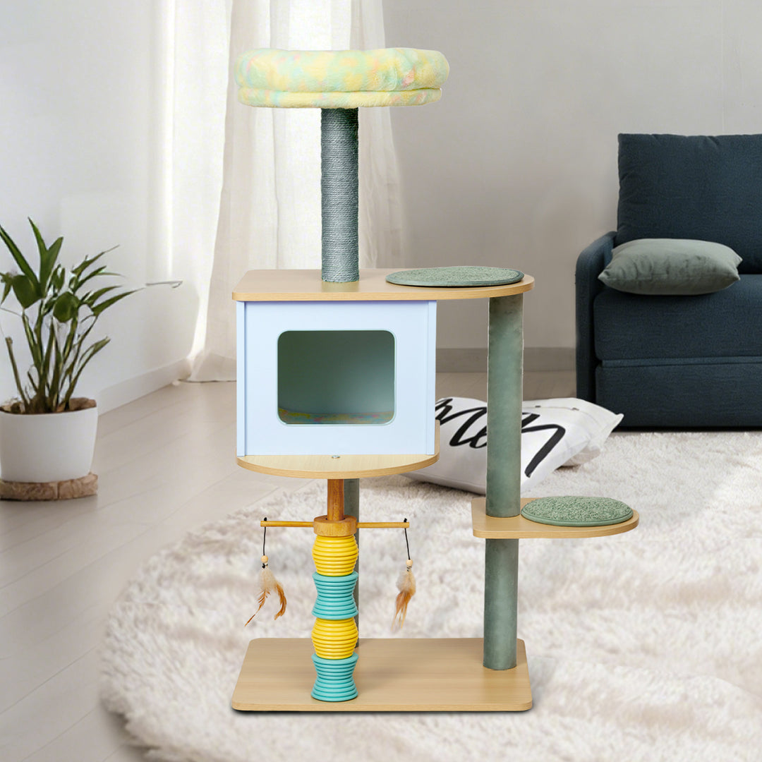 Contemporary Nordic Rectangular Cylindrical Particle Board Paper Tube Sisal Sherpa Fabric Velvet Cat Tree &amp; Condo 2-Condo For Living Room