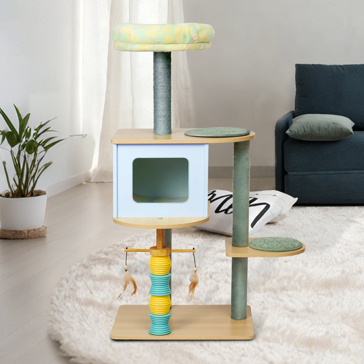 Contemporary Nordic Rectangular Cylindrical Particle Board Paper Tube Sisal Sherpa Fabric Velvet Cat Tree &amp; Condo 2-Condo For Living Room