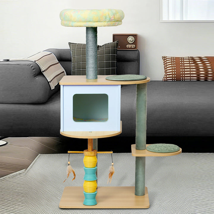 Árbol para gatos contemporáneo nórdico rectangular de tablero de partículas, tubo de papel cilíndrico, sisal, tela sherpa, terciopelo y 2 condominios para sala de estar 