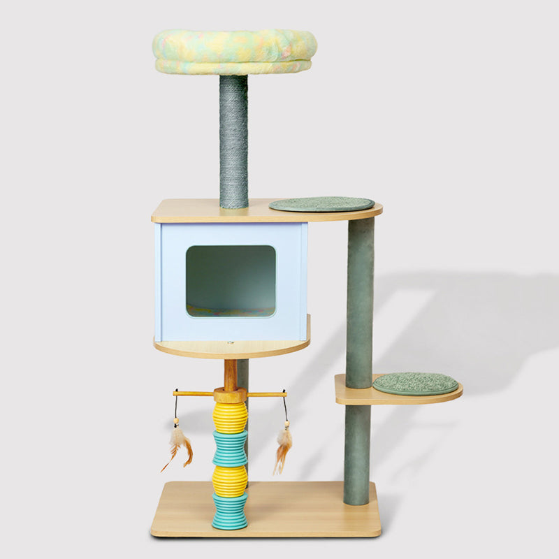 Contemporary Nordic Rectangular Cylindrical Particle Board Paper Tube Sisal Sherpa Fabric Velvet Cat Tree &amp; Condo 2-Condo For Living Room