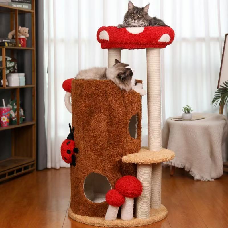 Arbre à chat contemporain créatif cylindrique en bois de pin avec peluche Teddy, sisal et condo, 2 condos pour salon 