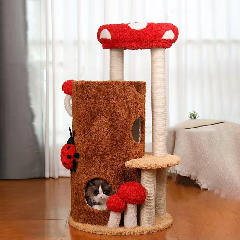 Arbre à chat contemporain créatif cylindrique en bois de pin avec peluche Teddy, sisal et condo, 2 condos pour salon 