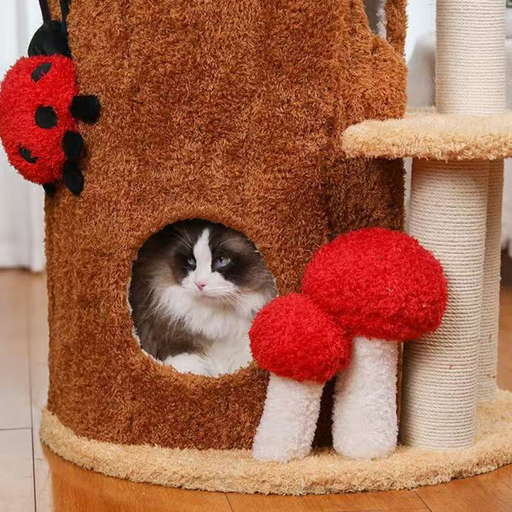 Arbre à chat contemporain créatif cylindrique en bois de pin avec peluche Teddy, sisal et condo, 2 condos pour salon 