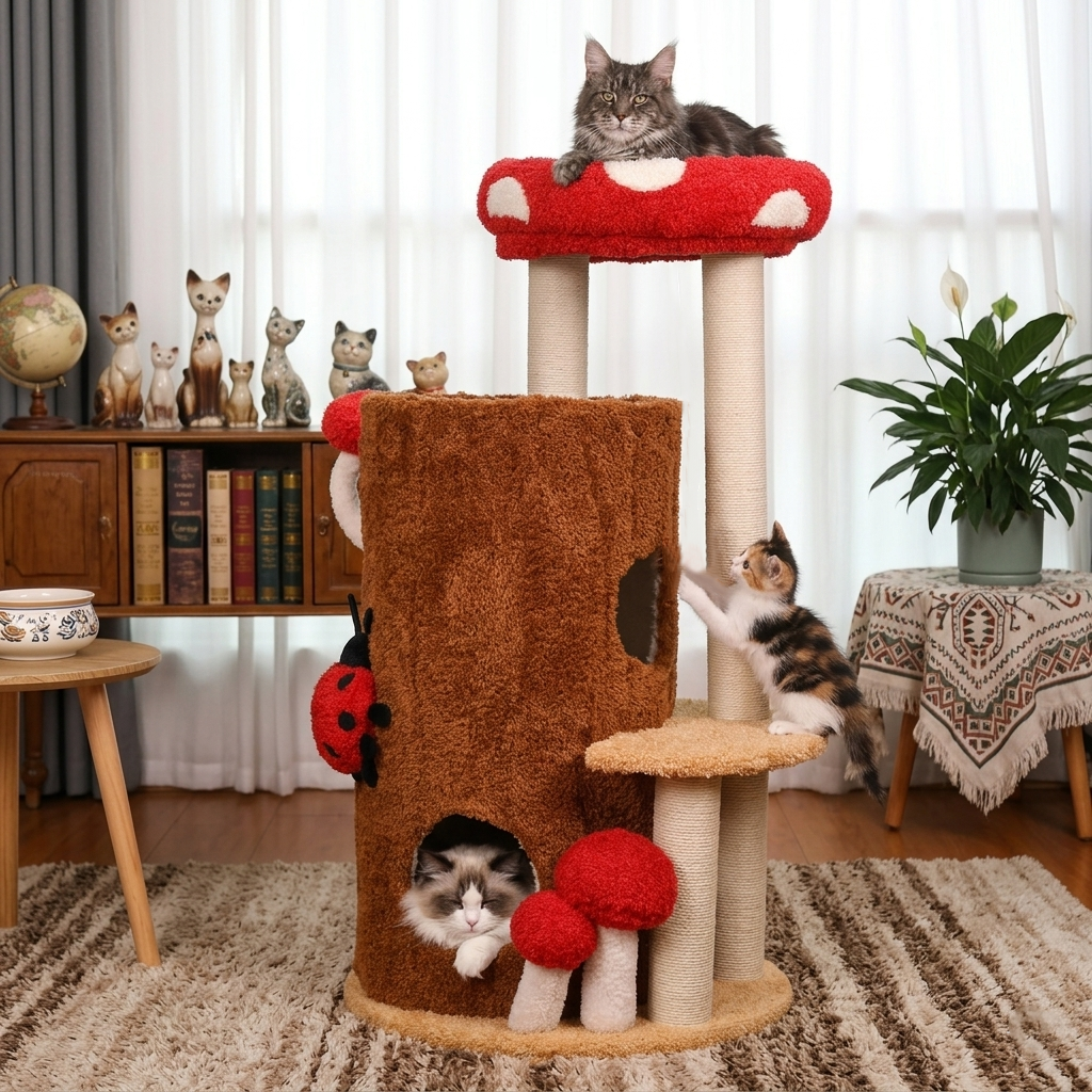 Arbre à chat contemporain créatif cylindrique en bois de pin avec peluche Teddy, sisal et condo, 2 condos pour salon 