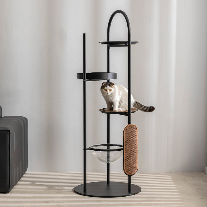Árbol para Gatos y Condo Moderno Minimalista de Superficie Cilíndrica de Acero al Carbono, Acrílico, Tela de Poliéster y Falso Sisal con 3 Perchas para Sala de Estar 