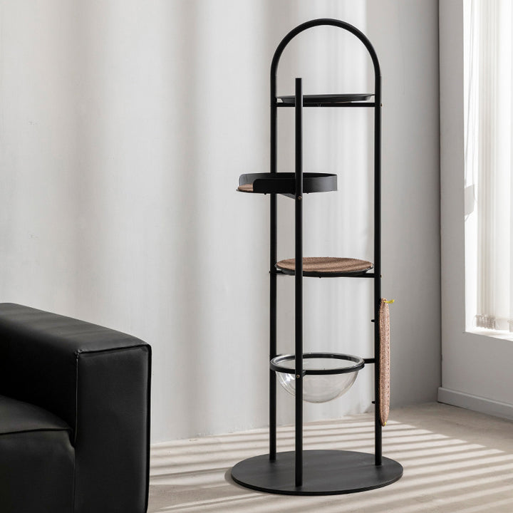 Árbol para Gatos y Condo Moderno Minimalista de Superficie Cilíndrica de Acero al Carbono, Acrílico, Tela de Poliéster y Falso Sisal con 3 Perchas para Sala de Estar 