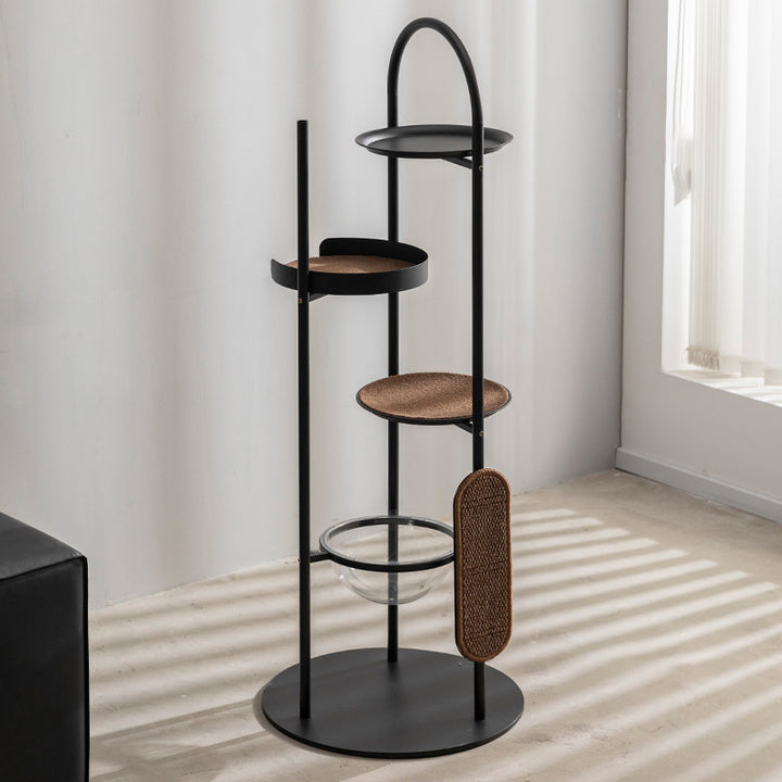 Árbol para Gatos y Condo Moderno Minimalista de Superficie Cilíndrica de Acero al Carbono, Acrílico, Tela de Poliéster y Falso Sisal con 3 Perchas para Sala de Estar 