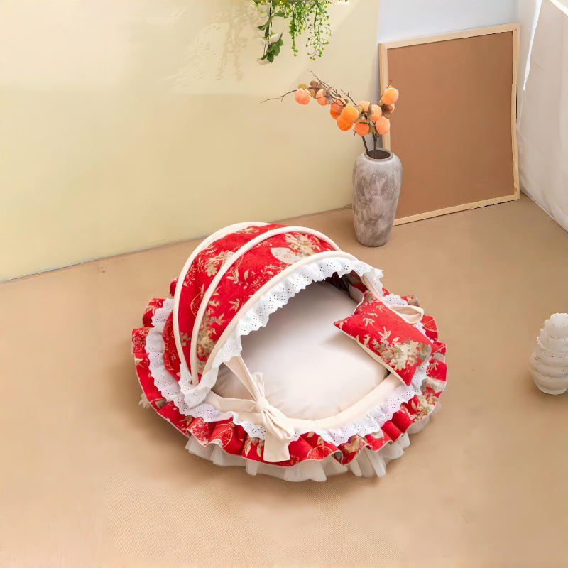 Traditional French Round PP Velvet Chenille Fabric Cat Bed &amp; Dog Bed Foldable Shelter For Living Room