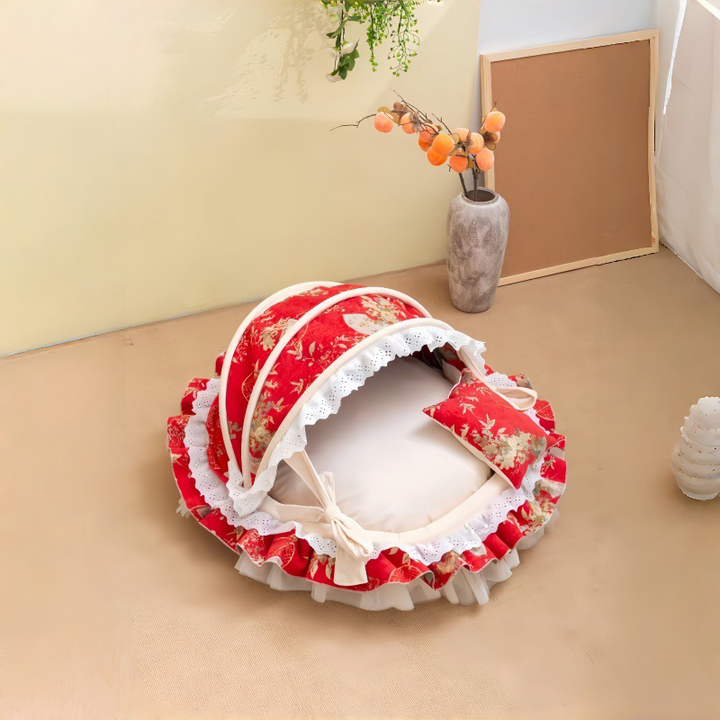 Traditional French Round PP Velvet Chenille Fabric Cat Bed &amp; Dog Bed Foldable Shelter For Living Room