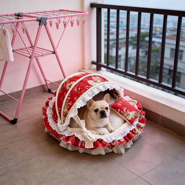 Traditional French Round PP Velvet Chenille Fabric Cat Bed &amp; Dog Bed Foldable Shelter For Living Room