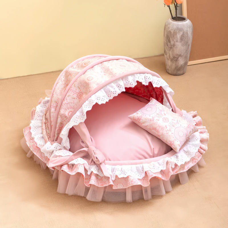 Traditional French Round PP Velvet Chenille Fabric Cat Bed &amp; Dog Bed Foldable Shelter For Living Room