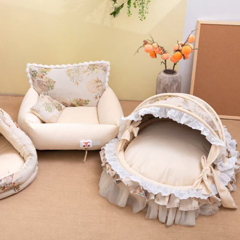 Traditional French Round PP Velvet Chenille Fabric Cat Bed &amp; Dog Bed Foldable Shelter For Living Room
