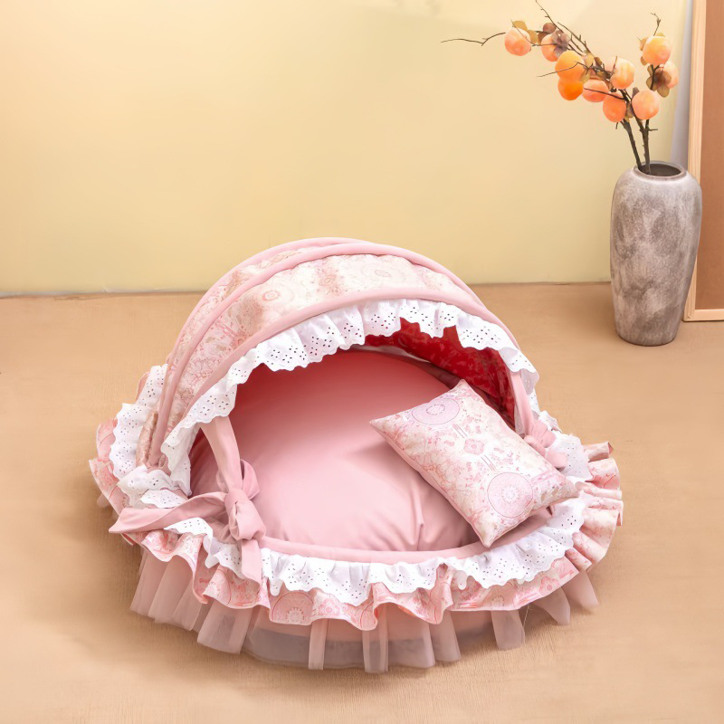 Traditional French Round PP Velvet Chenille Fabric Cat Bed &amp; Dog Bed Foldable Shelter For Living Room
