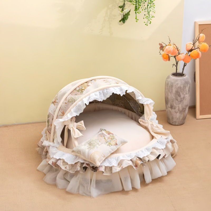 Traditional French Round PP Velvet Chenille Fabric Cat Bed &amp; Dog Bed Foldable Shelter For Living Room
