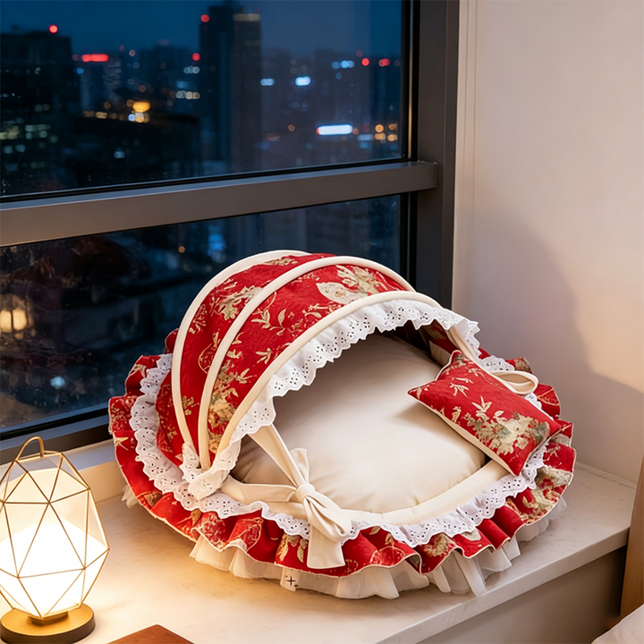 Traditional French Round PP Velvet Chenille Fabric Cat Bed &amp; Dog Bed Foldable Shelter For Living Room