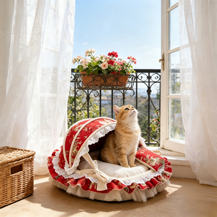 Traditional French Round PP Velvet Chenille Fabric Cat Bed &amp; Dog Bed Foldable Shelter For Living Room
