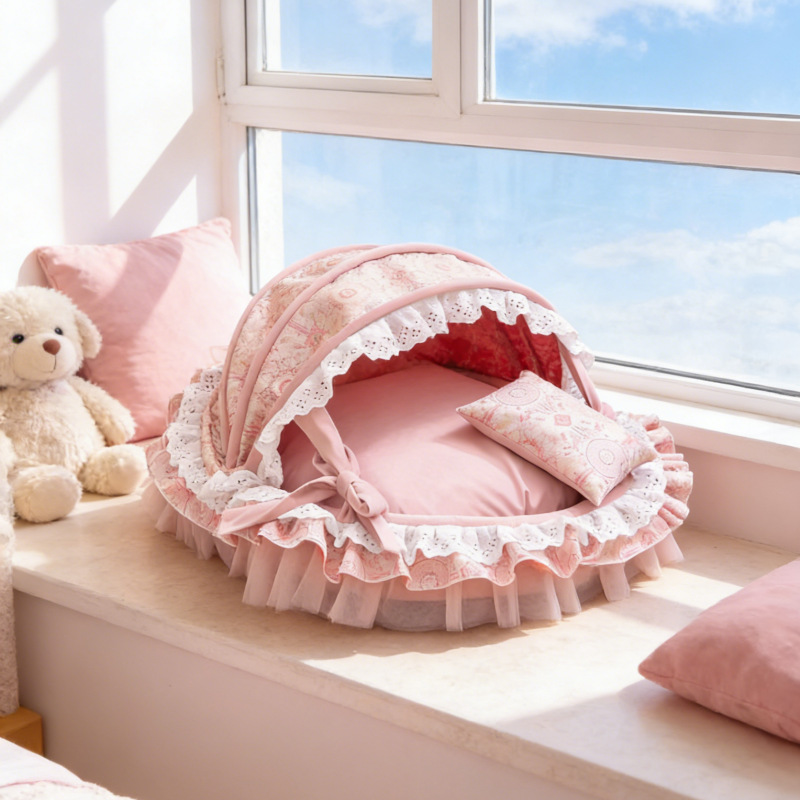 Traditional French Round PP Velvet Chenille Fabric Cat Bed &amp; Dog Bed Foldable Shelter For Living Room