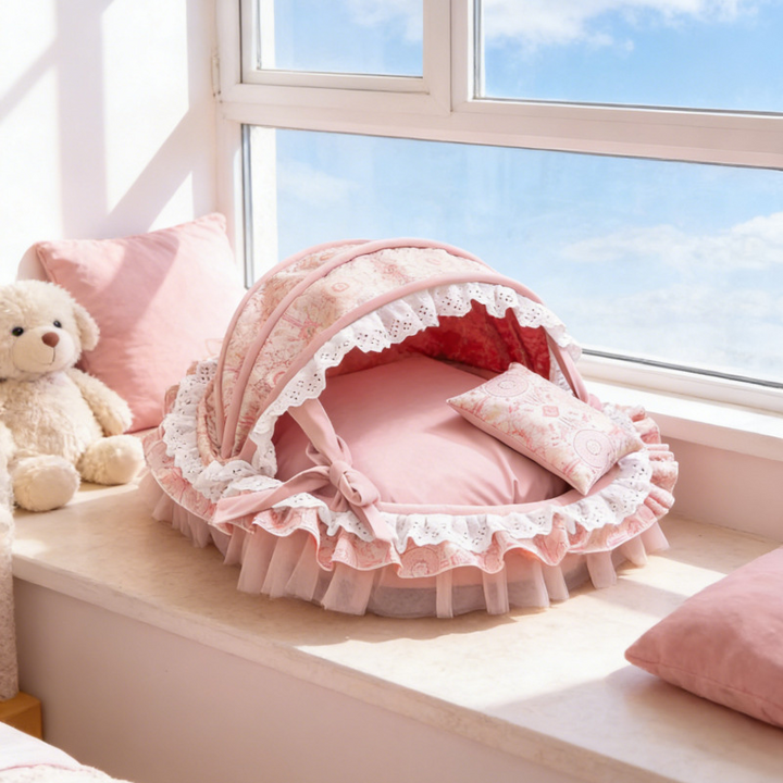Traditional French Round PP Velvet Chenille Fabric Cat Bed &amp; Dog Bed Foldable Shelter For Living Room