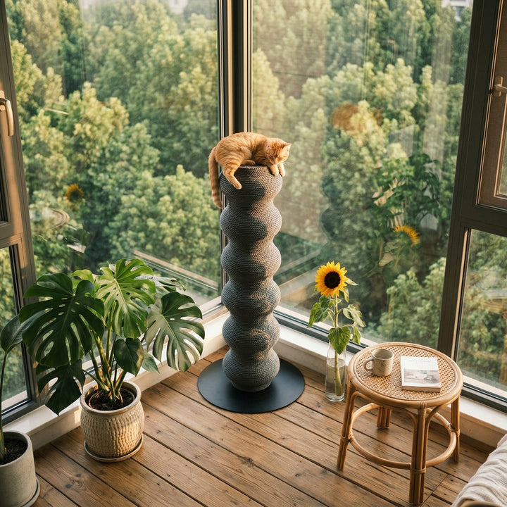 Modern Minimalist Cylindrical Wave-Patterned Paper Rattan Steel Cat Scratching Post For Living Room