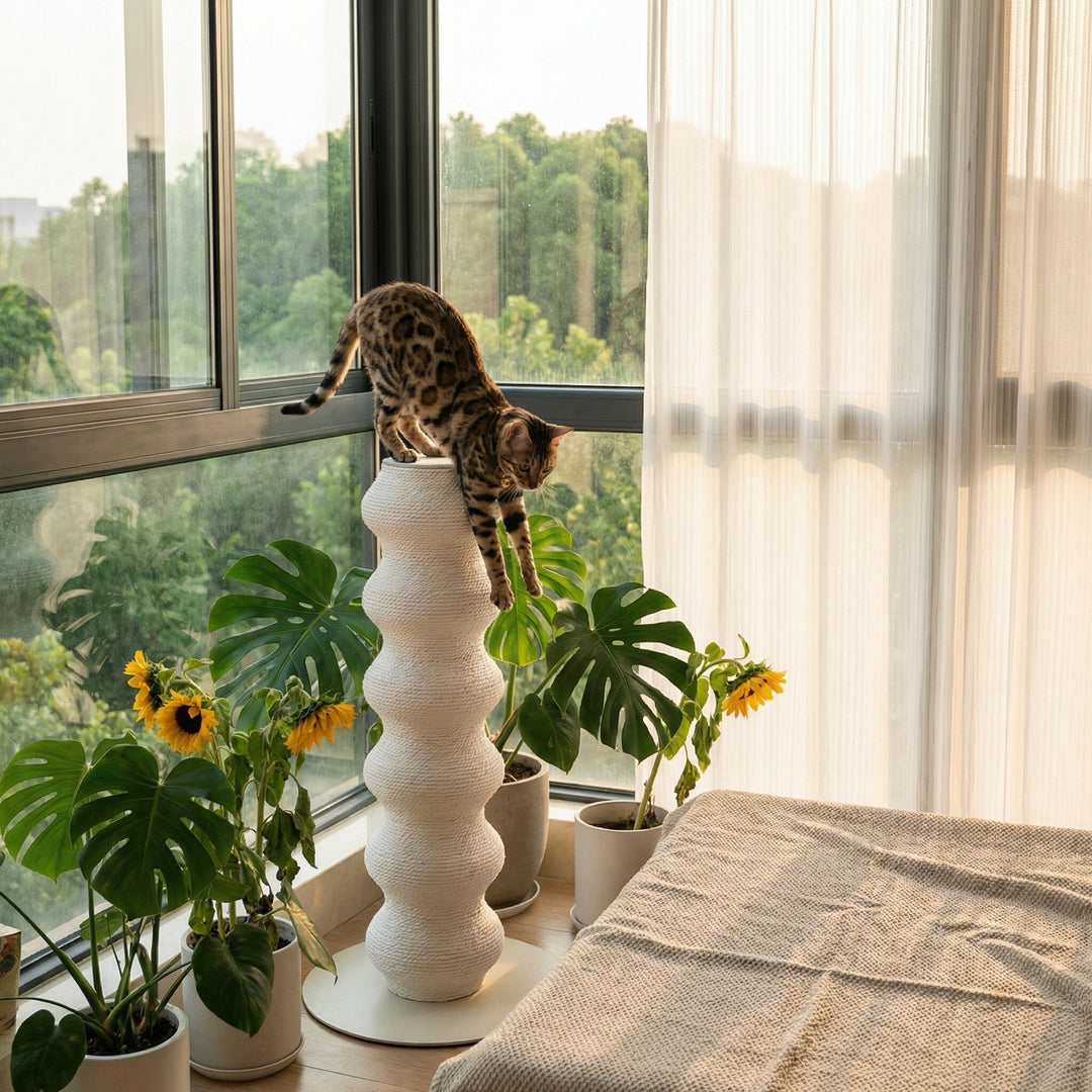 Modern Minimalist Cylindrical Wave-Patterned Paper Rattan Steel Cat Scratching Post For Living Room