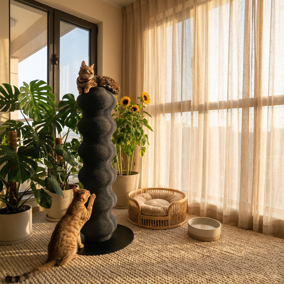 Modern Minimalist Cylindrical Wave-Patterned Paper Rattan Steel Cat Scratching Post For Living Room