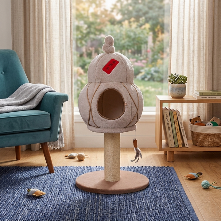 Contemporary Creative Cylindrical Gourd-Shaped Particleboard Sisal Velvet Cat Tree &amp; Condo 1 - Condo For Living Room
