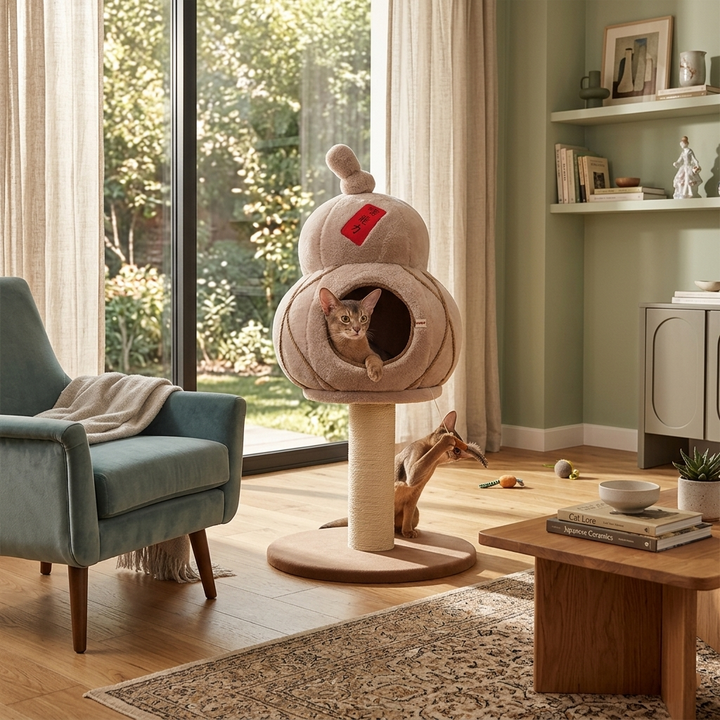 Contemporary Creative Cylindrical Gourd-Shaped Particleboard Sisal Velvet Cat Tree &amp; Condo 1 - Condo For Living Room