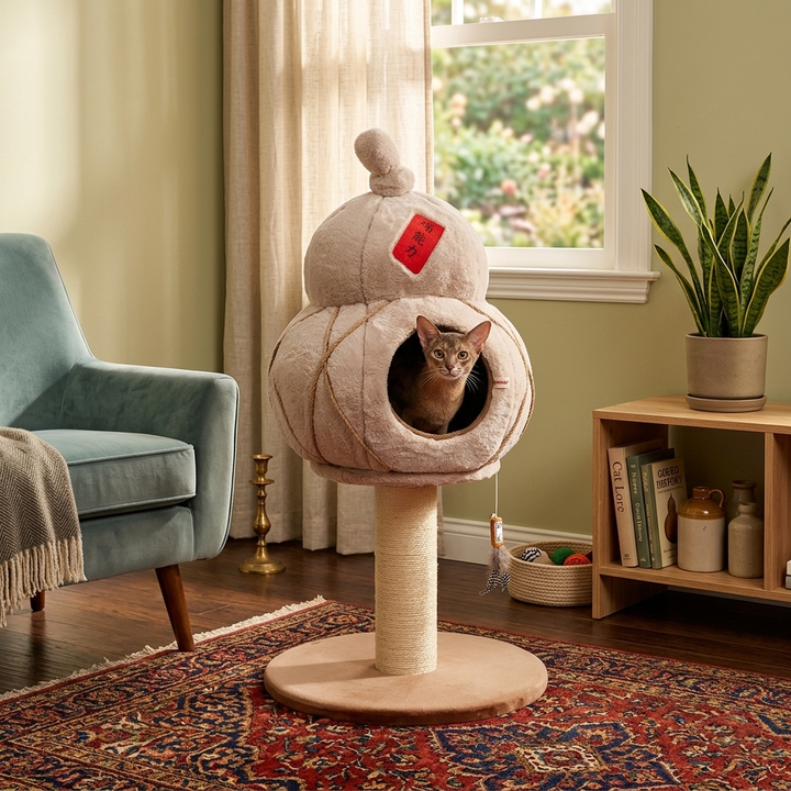 Contemporary Creative Cylindrical Gourd-Shaped Particleboard Sisal Velvet Cat Tree &amp; Condo 1 - Condo For Living Room