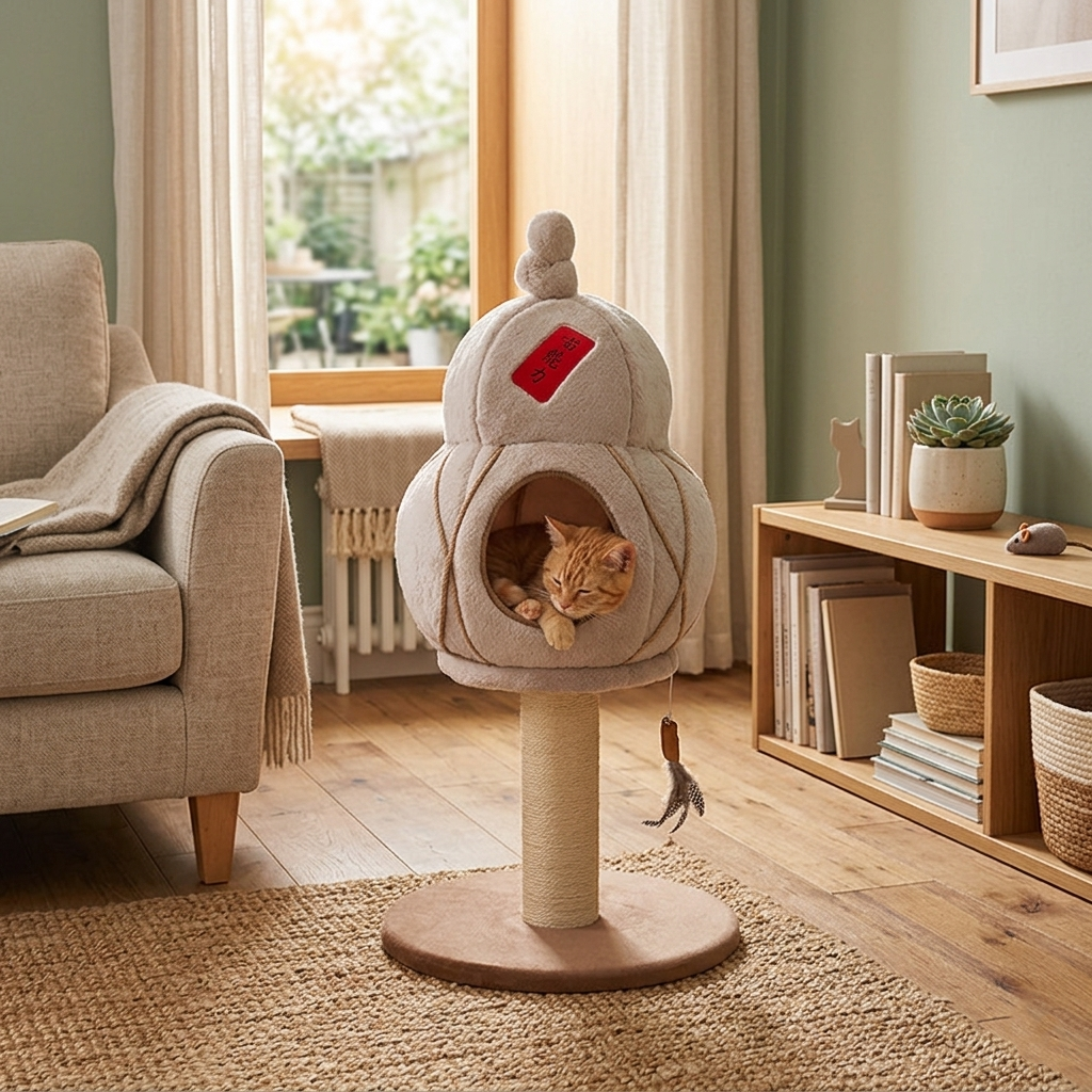 Contemporary Creative Cylindrical Gourd-Shaped Particleboard Sisal Velvet Cat Tree &amp; Condo 1 - Condo For Living Room