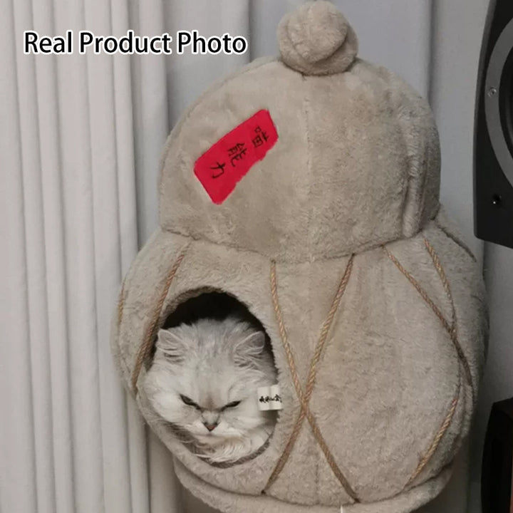Contemporary Creative Cylindrical Gourd-Shaped Particleboard Sisal Velvet Cat Tree &amp; Condo 1 - Condo For Living Room