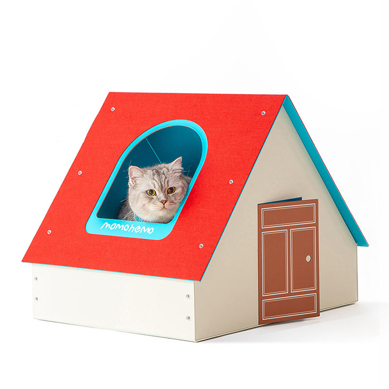 Modernes kreatives rechteckiges Katzenbett in Hausform aus Karton, Filz, Wellpapier und Fleecepad fürs Schlafzimmer 