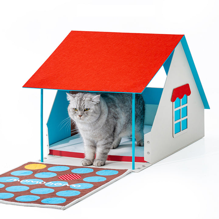 Modernes kreatives rechteckiges Katzenbett in Hausform aus Karton, Filz, Wellpapier und Fleecepad fürs Schlafzimmer 