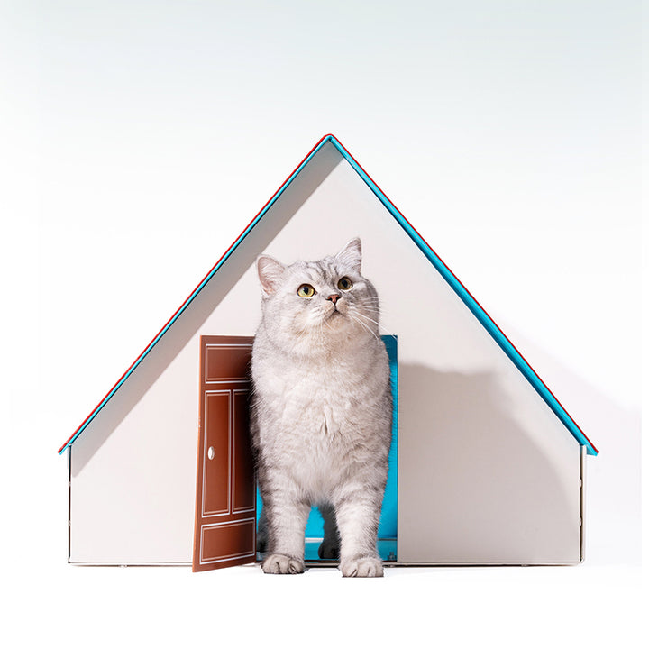 Modernes kreatives rechteckiges Katzenbett in Hausform aus Karton, Filz, Wellpapier und Fleecepad fürs Schlafzimmer 