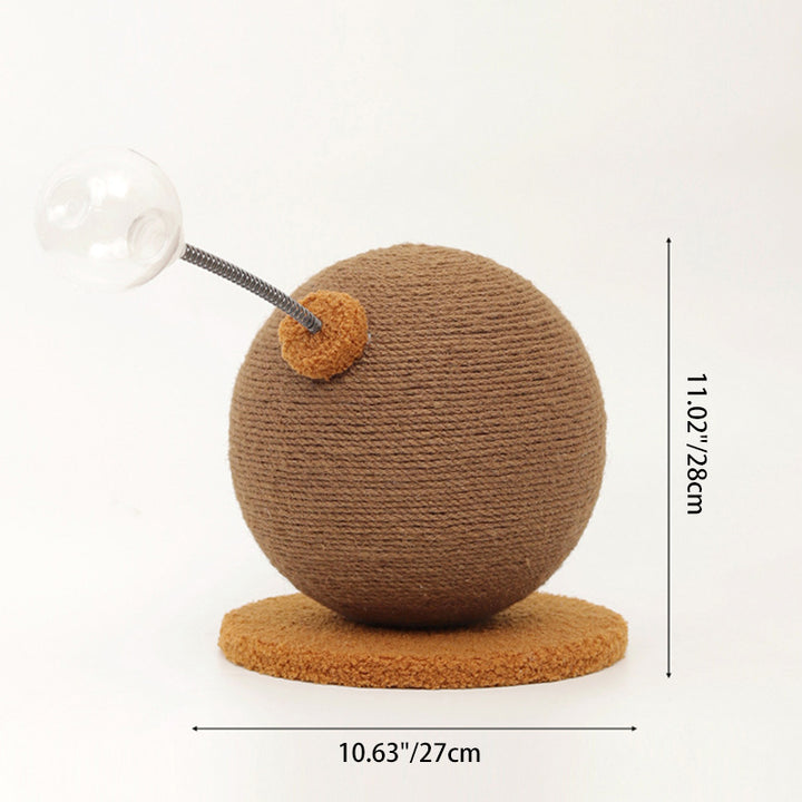Moderner kreativer zylindrisch-kugelförmiger Katzenkratzbaum aus Hanfseil, Samt, Stahl und MDF mit Spielball für das Wohnzimmer 