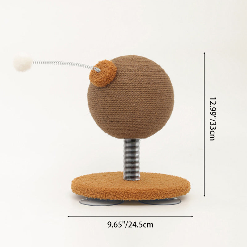 Moderner kreativer zylindrisch-kugelförmiger Katzenkratzbaum aus Hanfseil, Samt, Stahl und MDF mit Spielball für das Wohnzimmer 