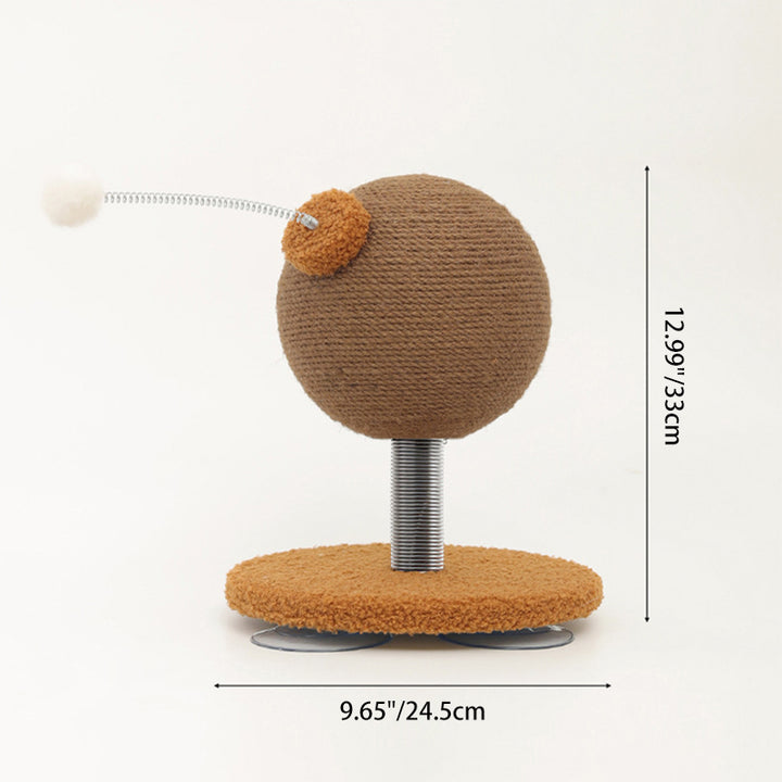 Moderner kreativer zylindrisch-kugelförmiger Katzenkratzbaum aus Hanfseil, Samt, Stahl und MDF mit Spielball für das Wohnzimmer 